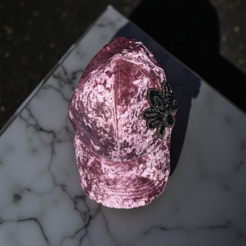 David & Young Pink Faux Velvet Bedazzled Baseball Adjustable Hat